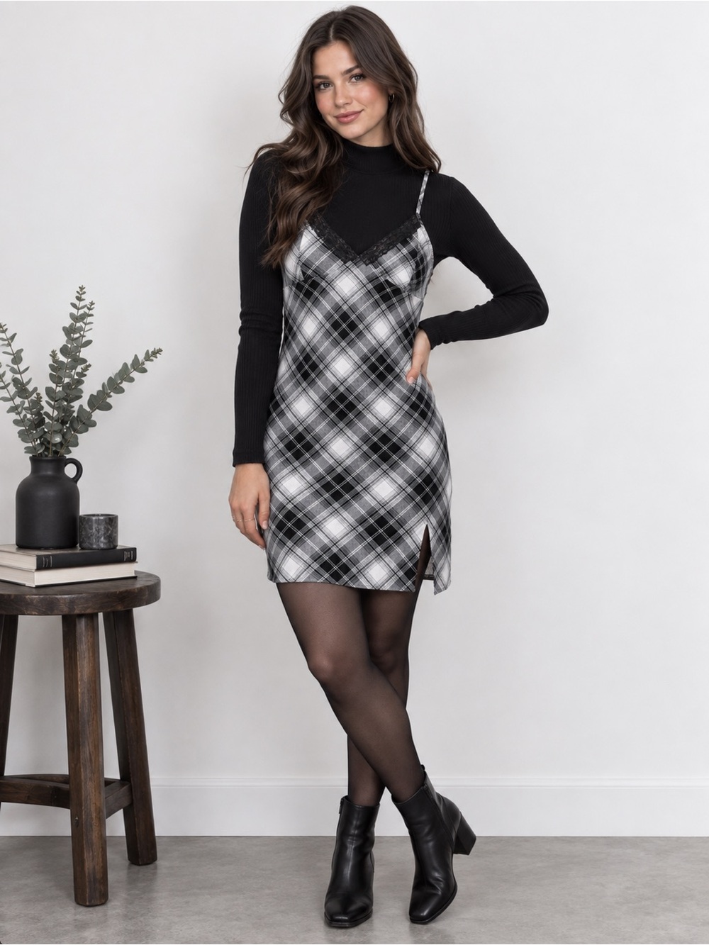 Y2K Black White Plaid Lace Trim Knit Slip Dress Preppy Grunge